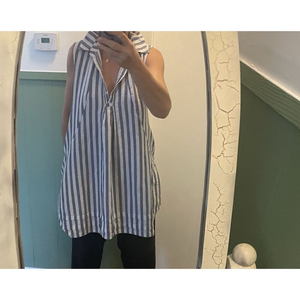 Sharagano Blue White Striped Sleeveless Tunic Top Dress Pockets Women’s M